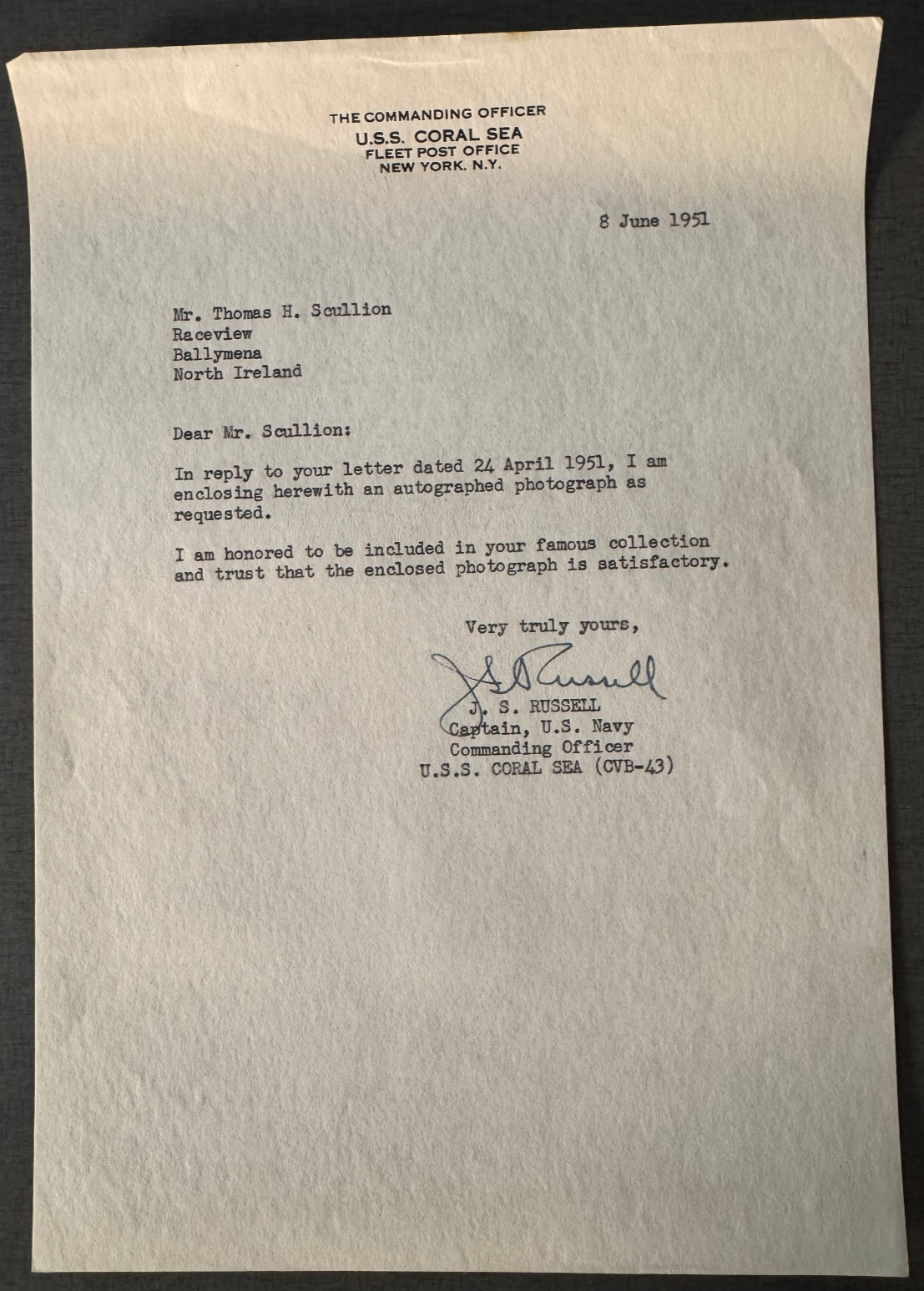 Capt. J.S. Russell Signed 1951 USS Coral Sea CVB-43 Navy Letter on Letterhead