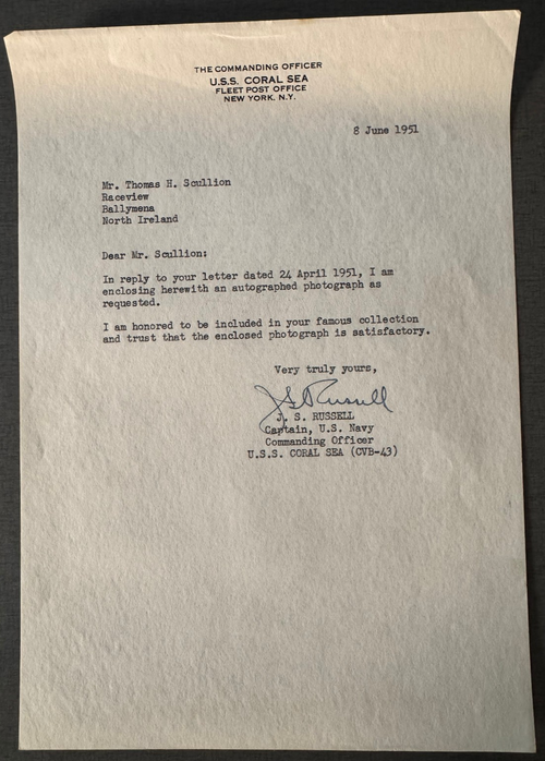 Capt. J.S. Russell Signed 1951 USS Coral Sea CVB-43 Navy Letter on Letterhead