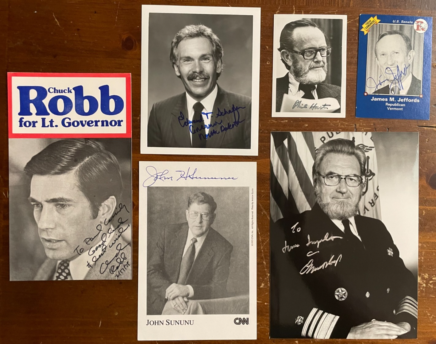 Political Autograph Lot – 6 Signed Photos/Cards – Sununu Jeffords Koop Phil Hart