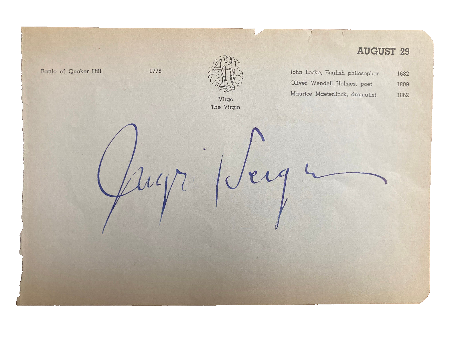Ingrid Bergman Signed Autograph Signature Vintage 7.5x5 Dated Historical Paper