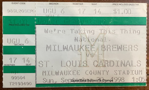 1998 Mark McGwire 65th Homerun Ticket Stub Brewers vs Cardinals County Stadium