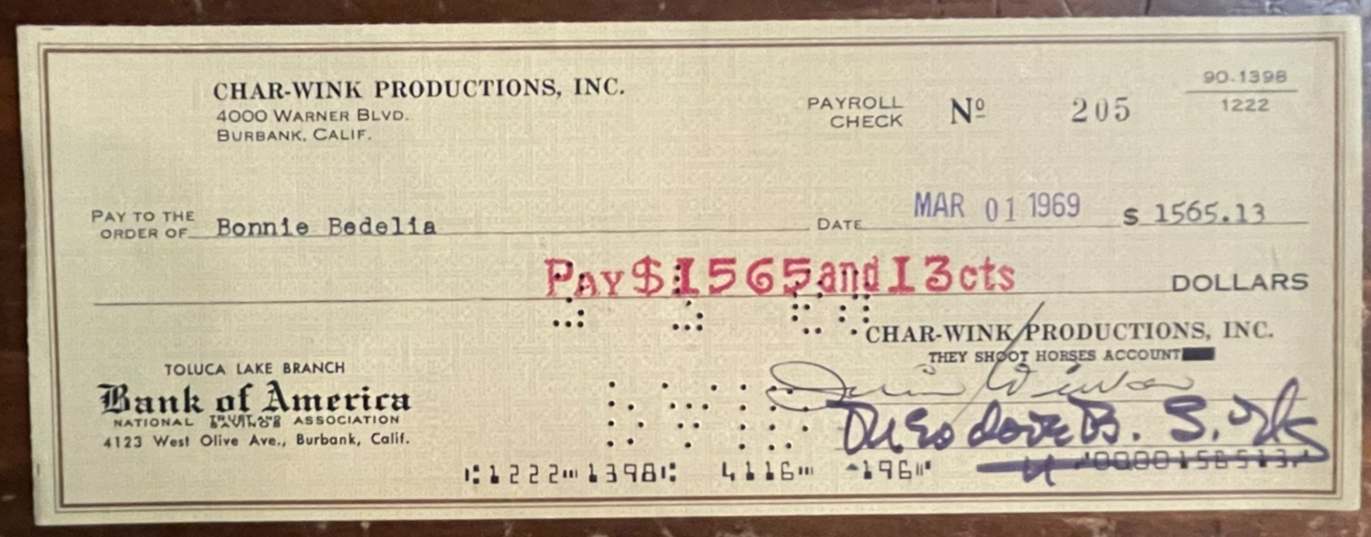 Bonnie Bedelia Signed Payroll Check 1969 ?hey Shoot Horses, Don? They??ARE
