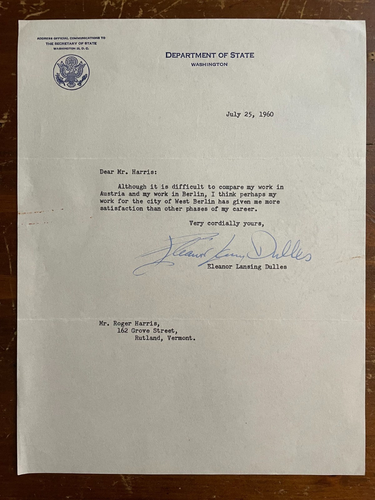 Eleanor Lansing Dulles Signed Autograph Signature Typed Official Letterhead