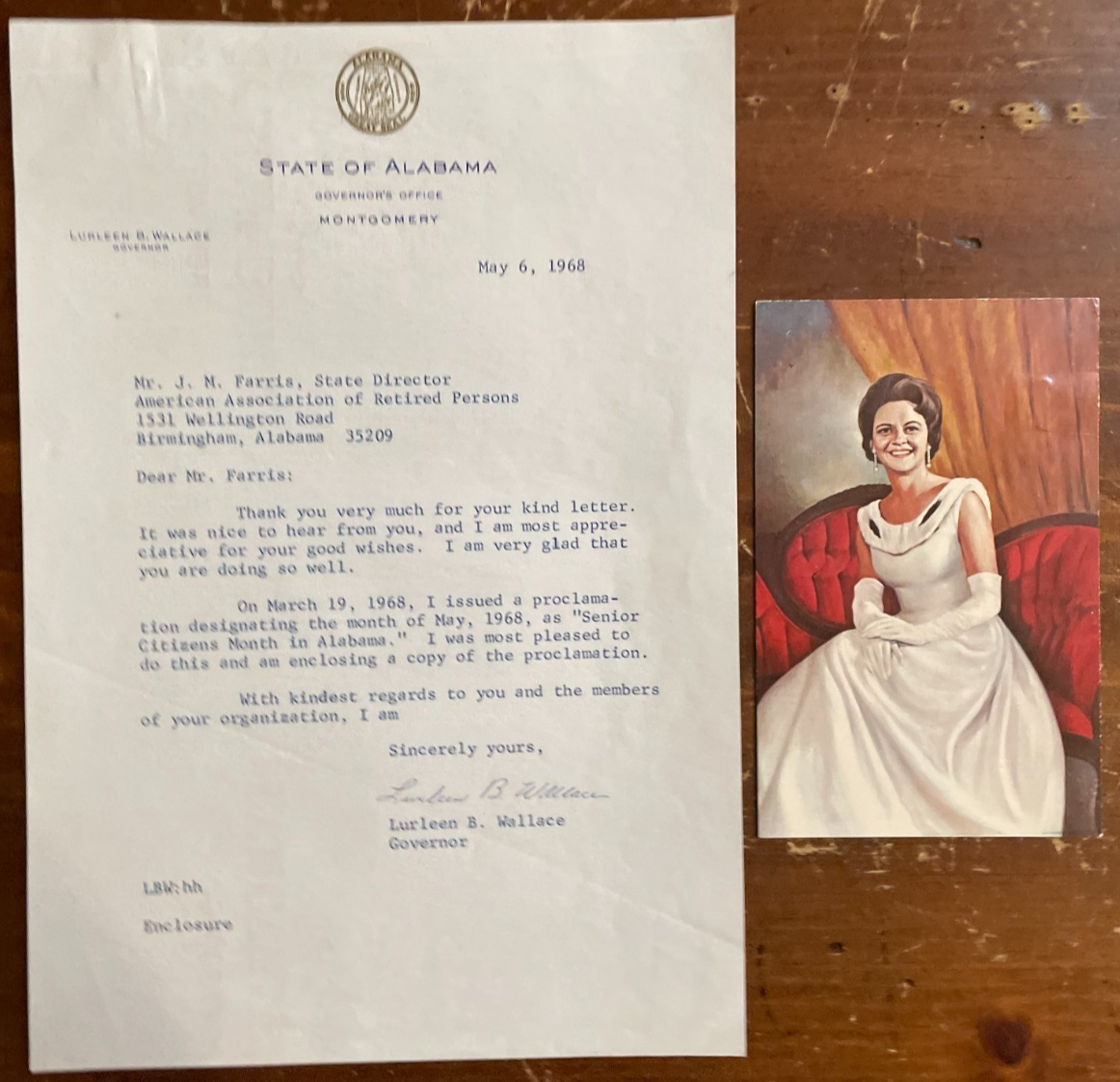 Lurleen B Wallace Signed Autograph Signature on official Gov letterhead 1968 +