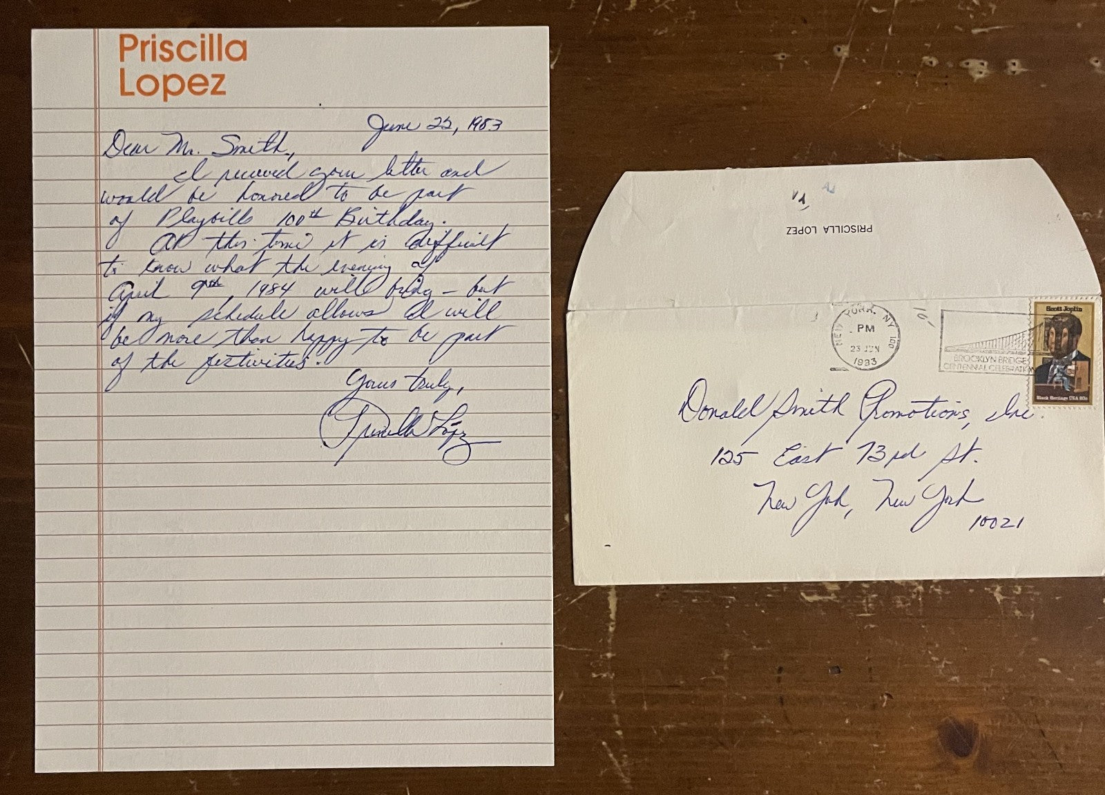 Priscilla Lopez Signed Autograph Signature Handwritten Official Letterhead