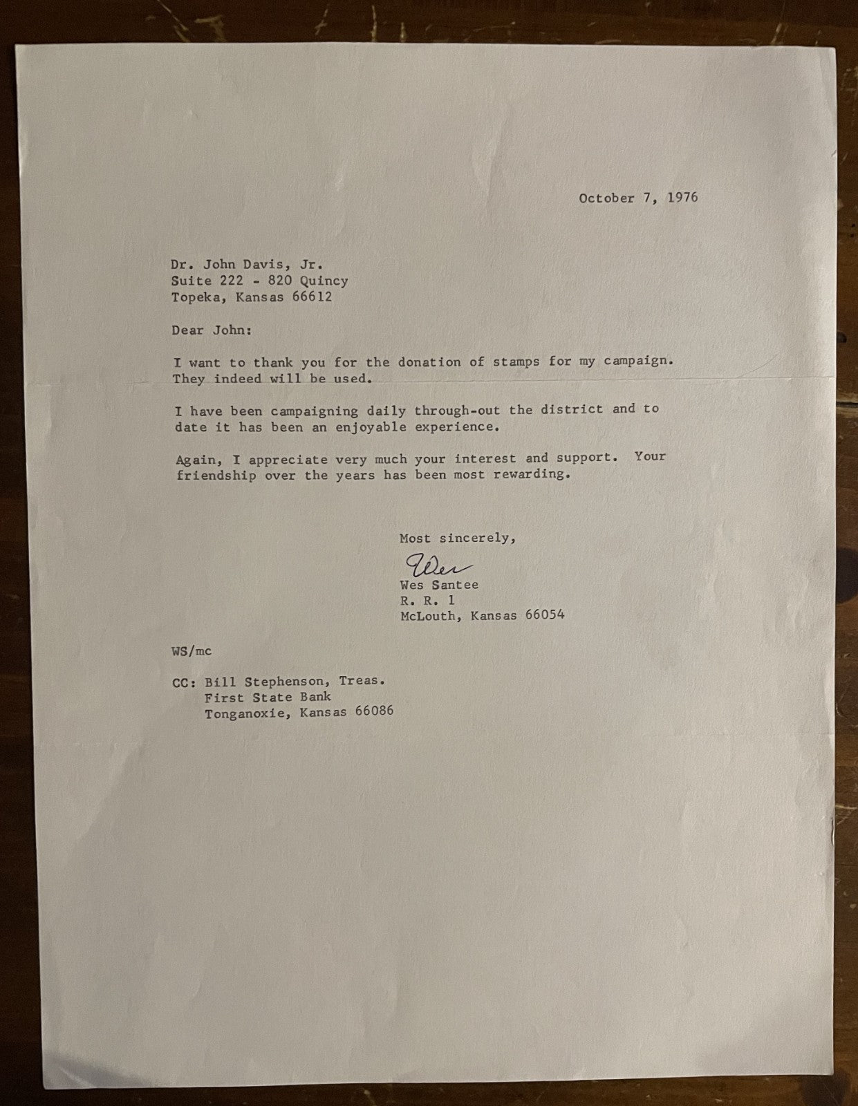 Wes Santee Signed Vintage typed Letter from 1976 Track Star Kansas Comet