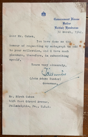 John Adams Hunter Signed Vintage Autograph Signature Governor Belize 1942 RARE