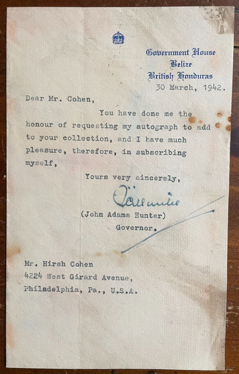 John Adams Hunter Signed Vintage Autograph Signature Governor Belize 1942 RARE