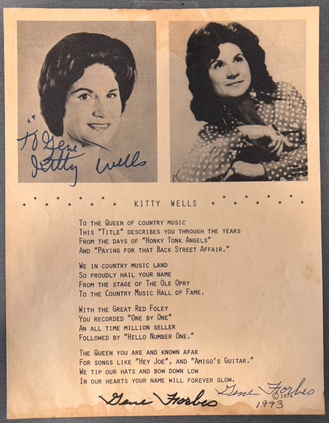 Kitty Wells & Gene Forbes Signed Autograph Signature on Vintage Lyric Sheet