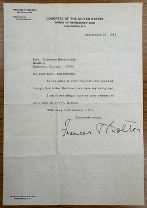 Frances P Bolton Signed Autograph Signature Official US Congress Letterhead 1963