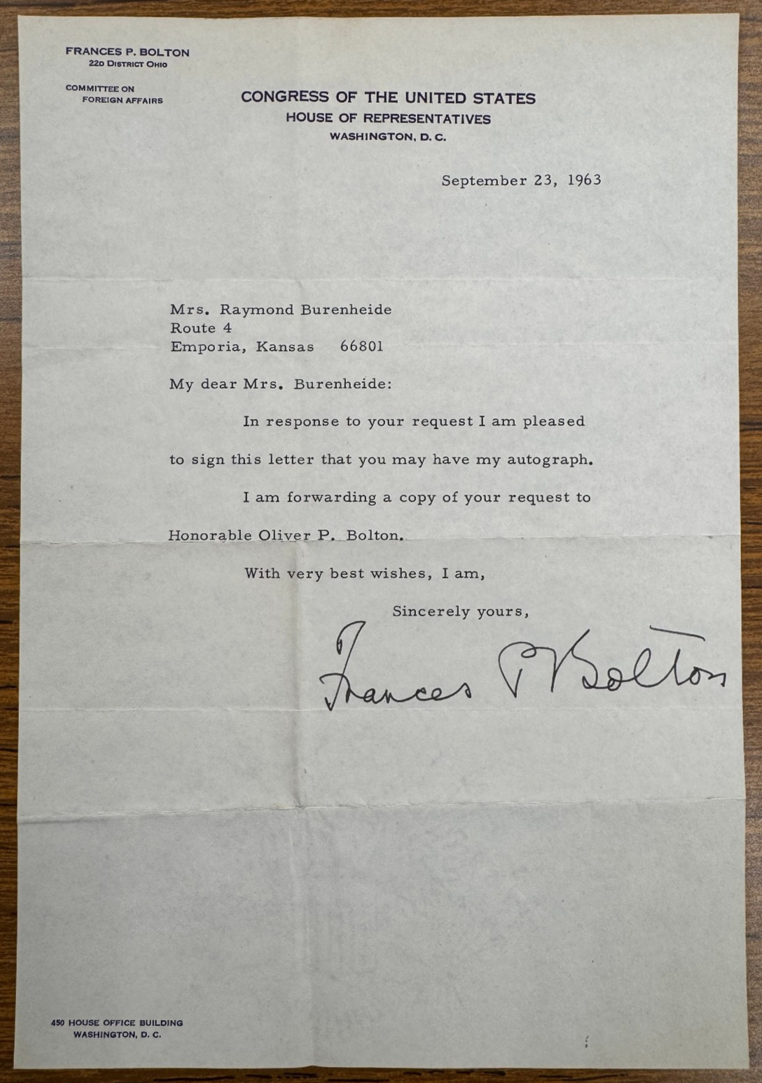 Frances P Bolton Signed Autograph Signature Official US Congress Letterhead 1963