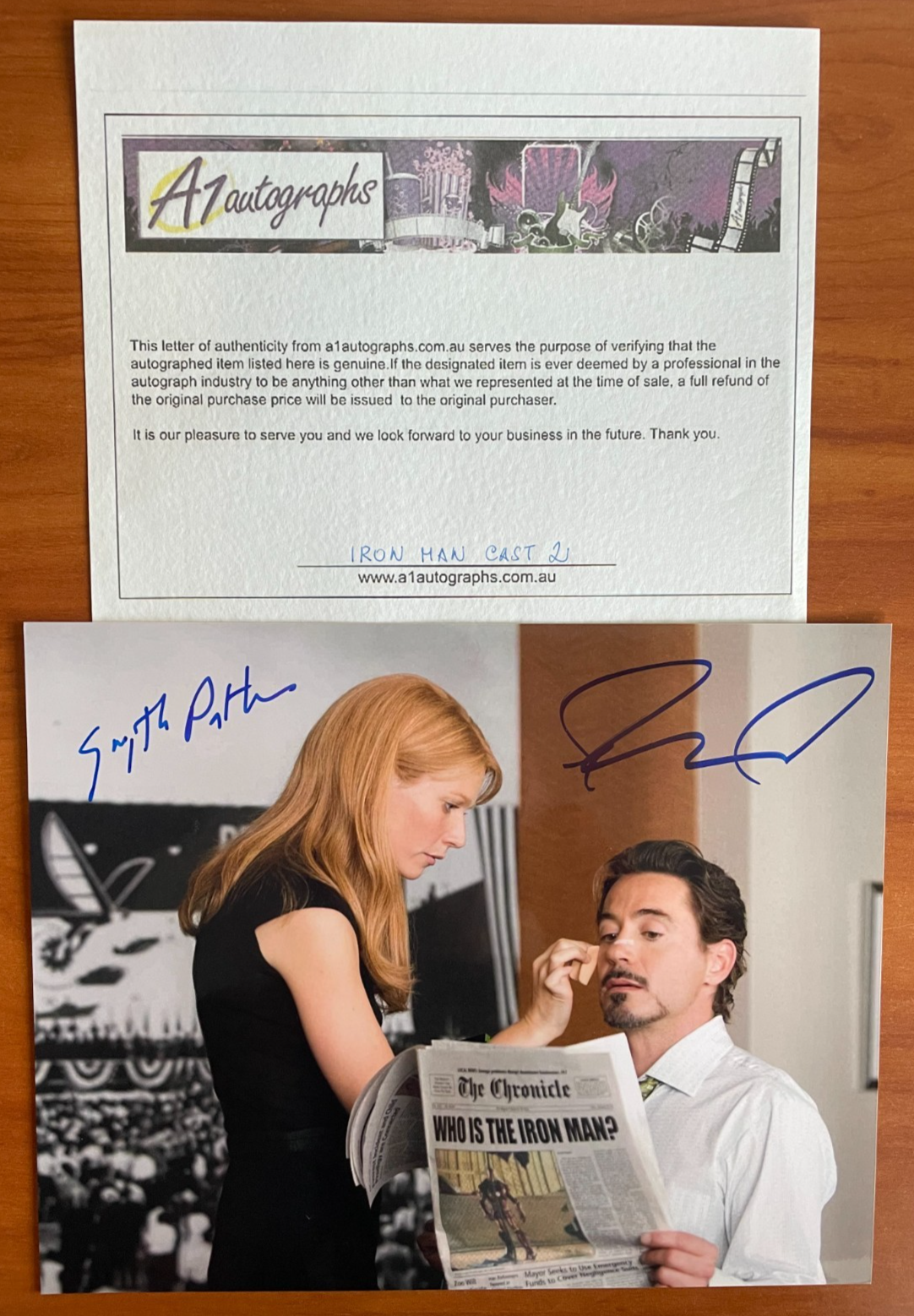 Robert Downey Jr. & Gwyneth Paltrow Signed Autograph Signature 10x8 Iron Man COA