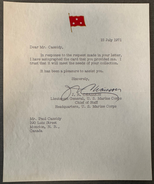 Lt. Gen. J.R. Chaisson Typed Letter Signed 1971 USMC Chief of Staff Vietnam Era