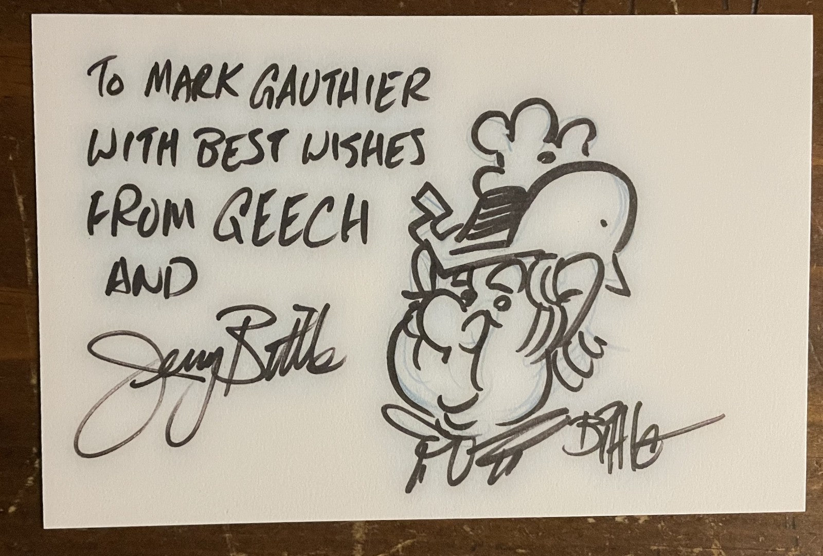 Jerry Bittle Signed Autograph Signature 4x6 Index Card with original Geech