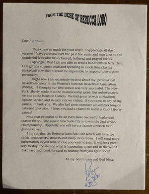 Rebecca Lobo Signed Autograph Signature typed letter responding to a fan