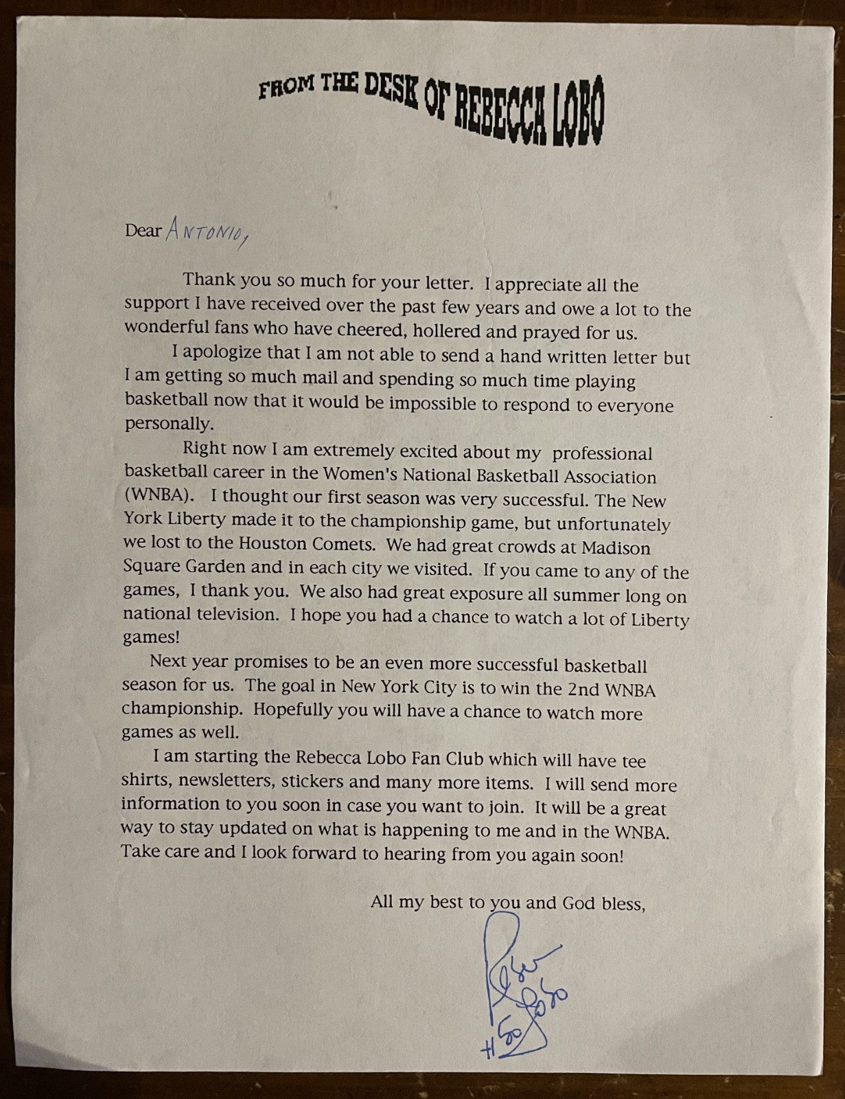 Rebecca Lobo Signed Autograph Signature typed letter responding to a fan