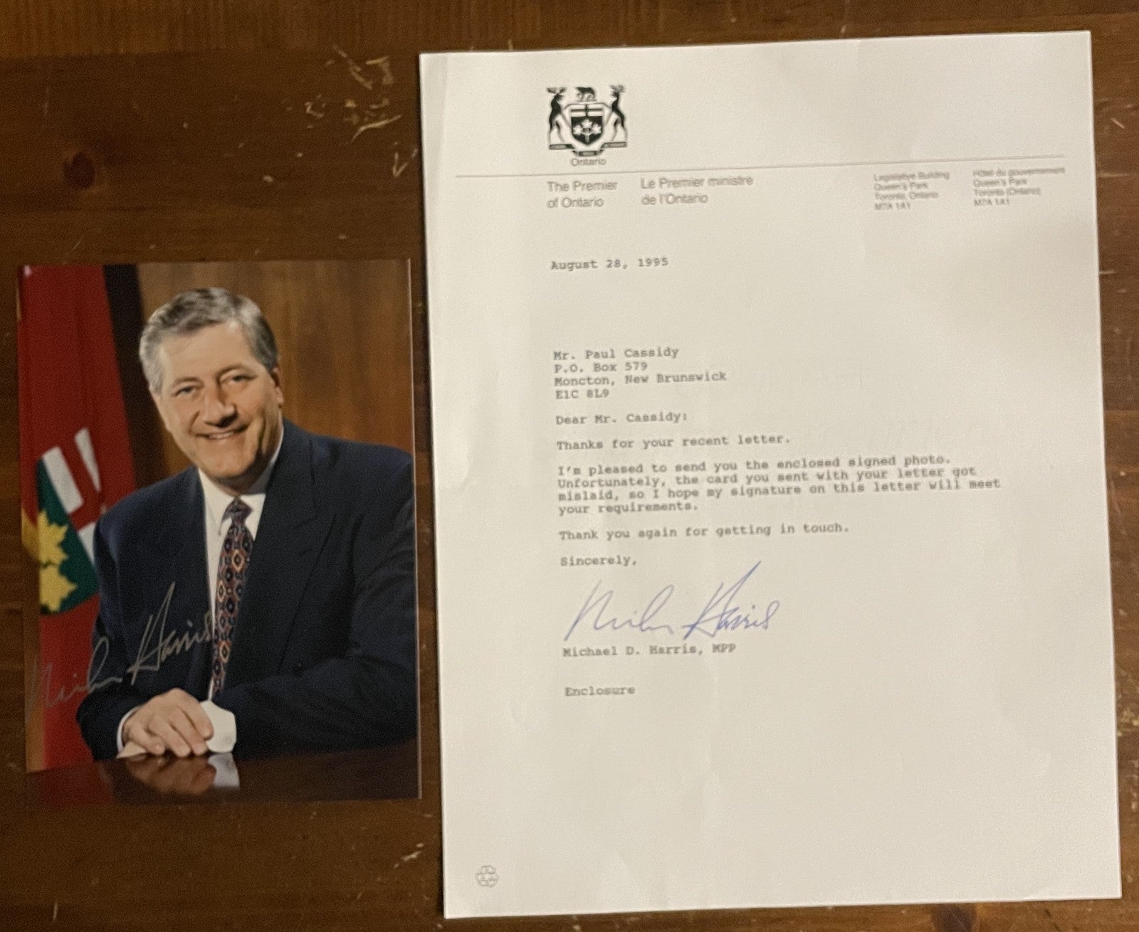 Michael D. Harris Signed Autograph Signature 5x7 w/Official Letterhead Canada