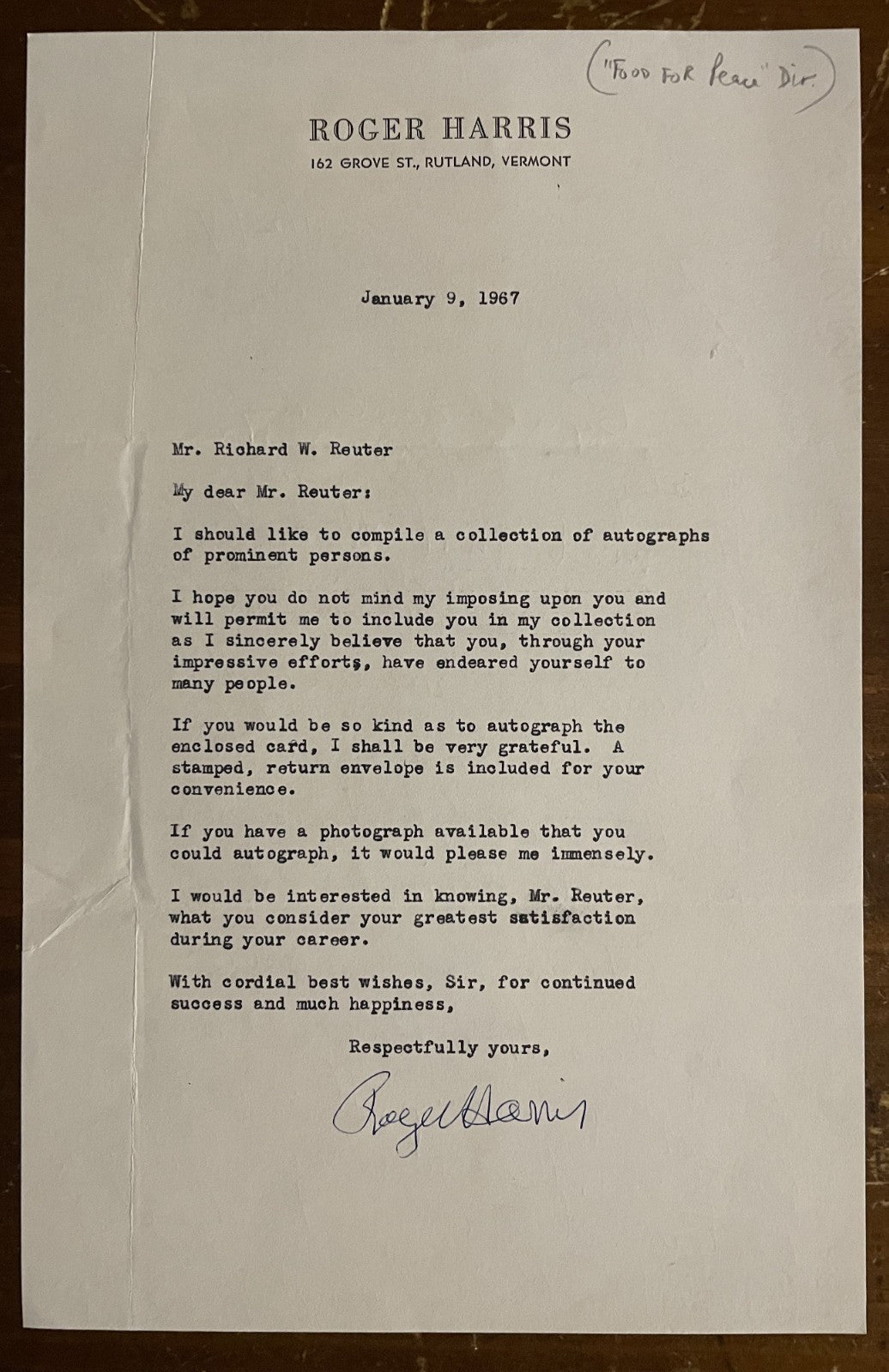 Roger Harris Signed Autograph Signature Typed Official Letterhead