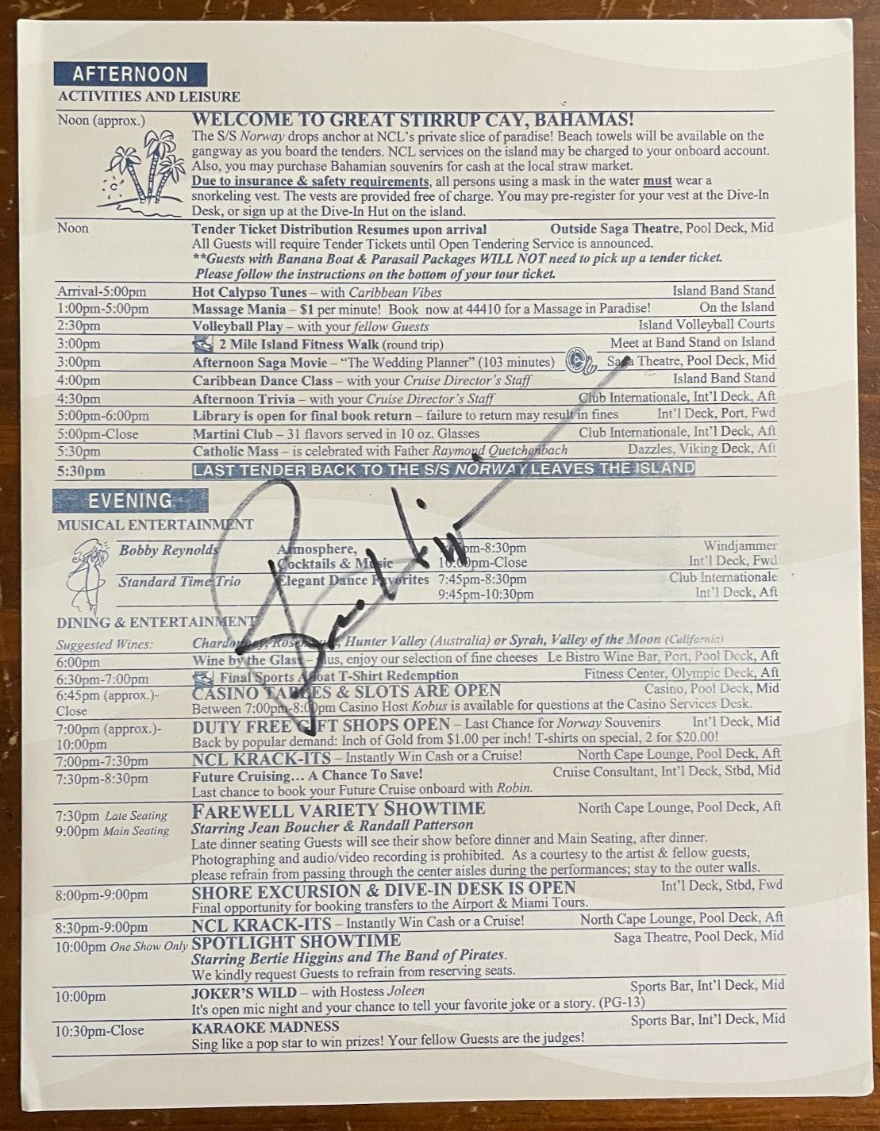 Bernie Viggins Signed Autograph Signature Cruise Activities Form