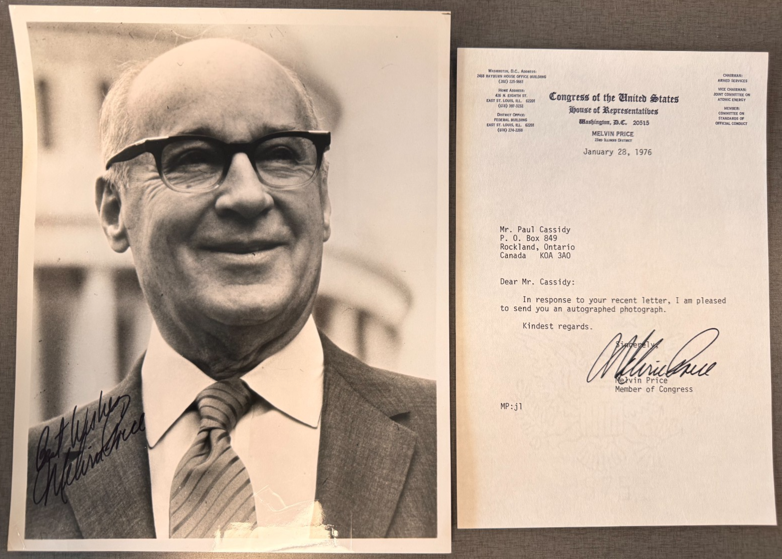 Melvin Price TLS on Congressional Letterhead + Signed 8x10 House Armed Service