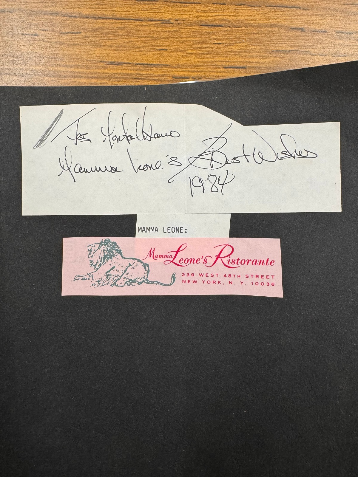Mamma Leone Cut Vintage Signed Autograph Signature 6x2.25 RARE Mamma Leone's Ris