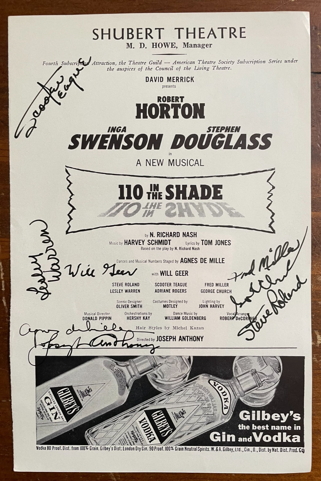 Playbill Page from 110 in the Shade signed by 8 - Will Geer, Lesley Warren, ADM+