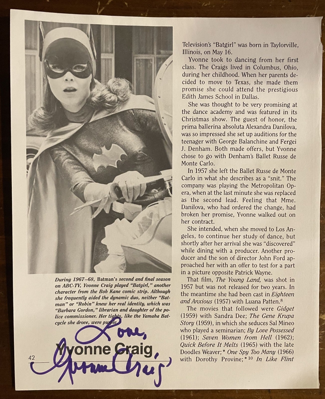 Yvonne Craig Signed Autograph Signature 7.5x9 Cut Vintage Magazine Page Batgirl
