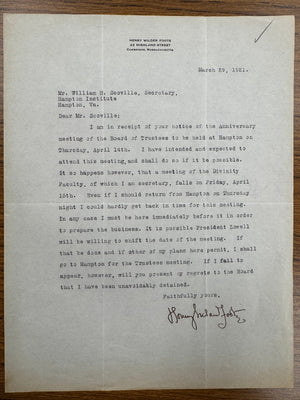 Henry Wilder Foote Signed Autograph Signature Official 1921 Letterhead Cambridge