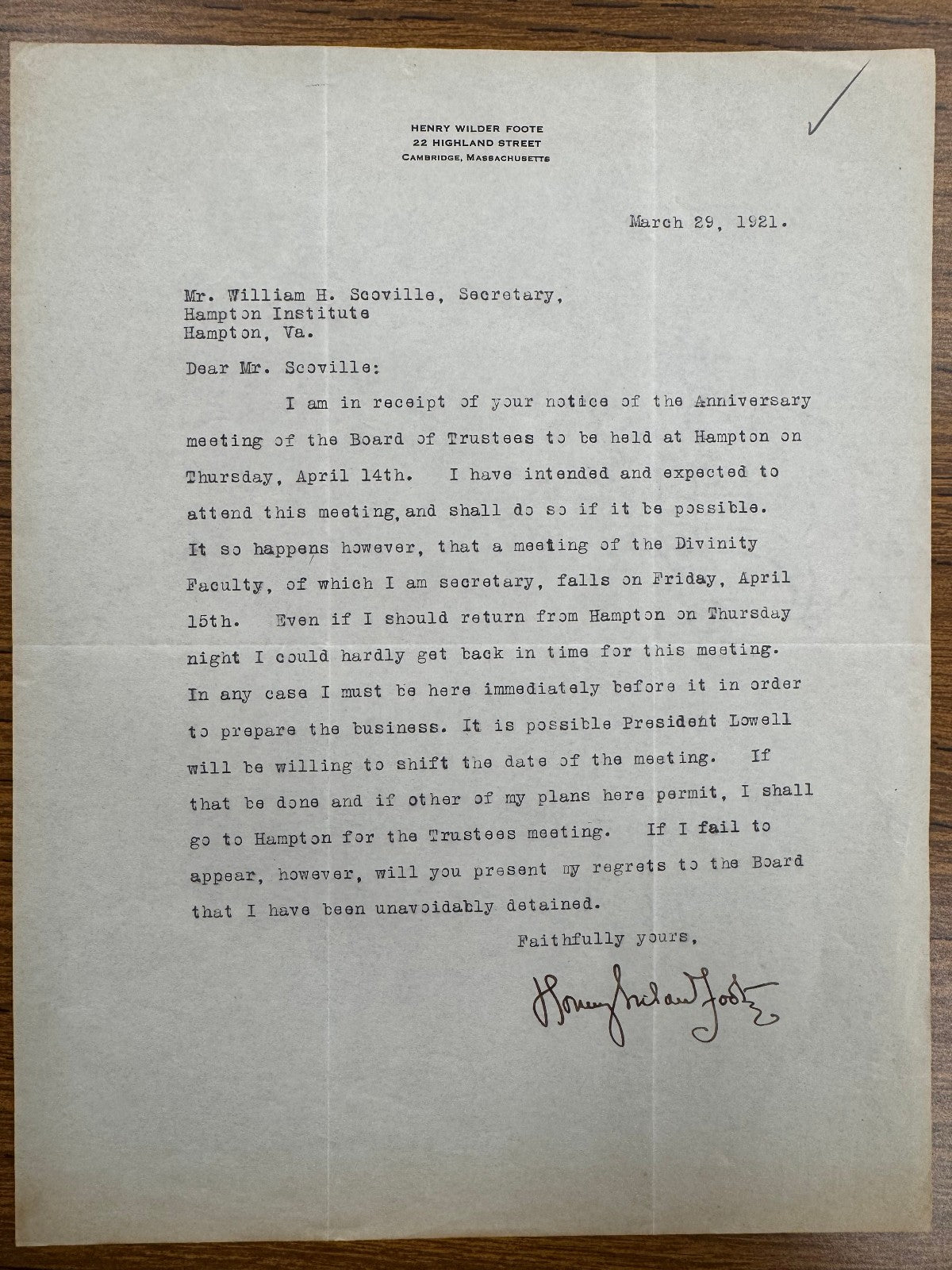 Henry Wilder Foote Signed Autograph Signature Official 1921 Letterhead Cambridge