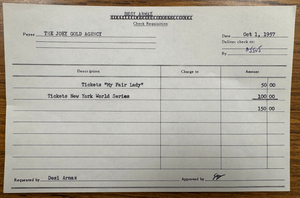 Desi Arnaz Original Check Requisition Joey Gold Agency 1957 World Series+ Rare