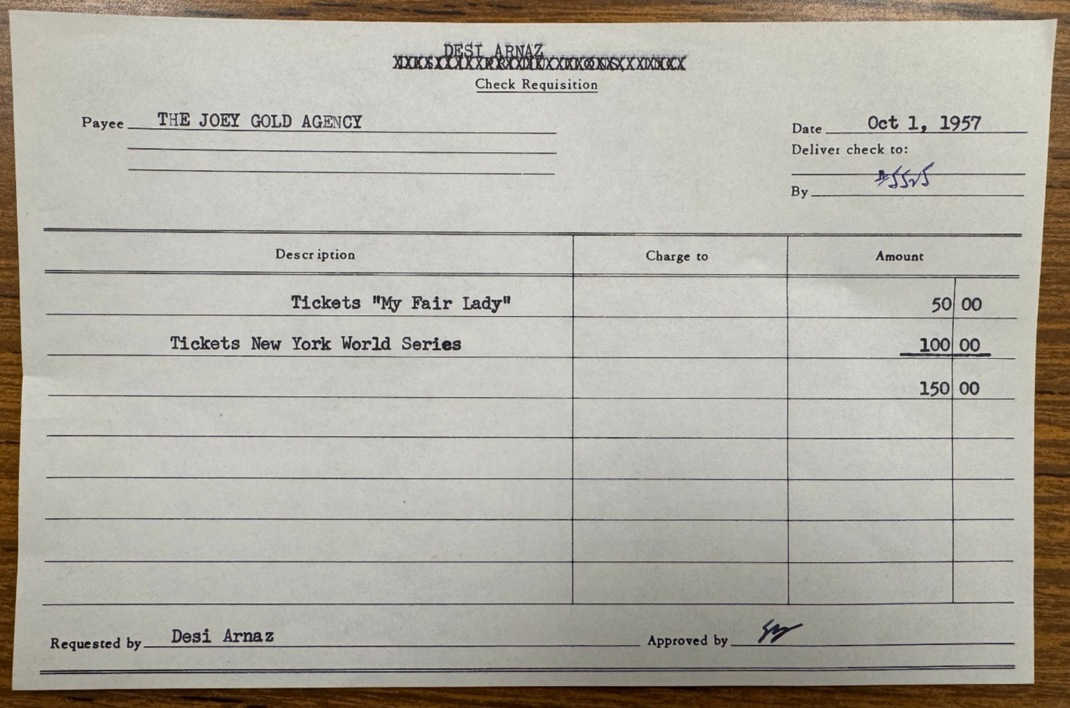 Desi Arnaz Original Check Requisition Joey Gold Agency 1957 World Series+ Rare