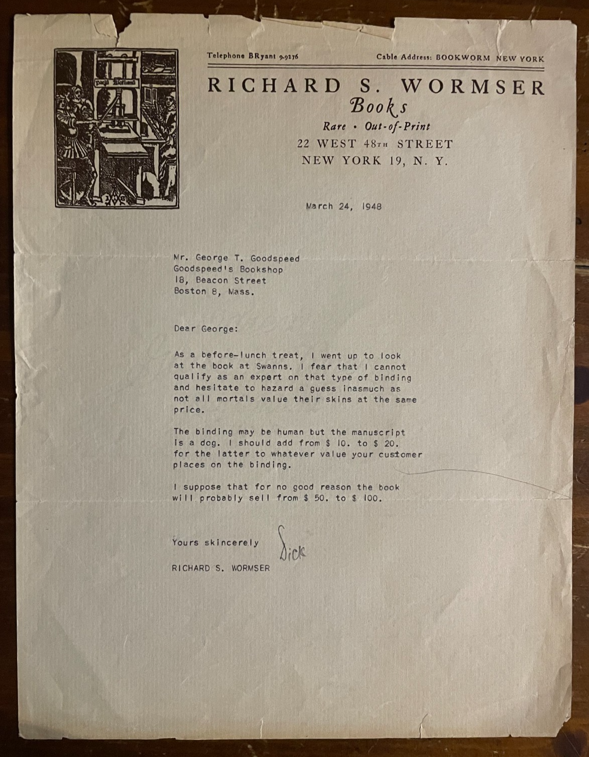 Richard S Wormser Signed Vintage typed Letter from 1948 Discussing book value