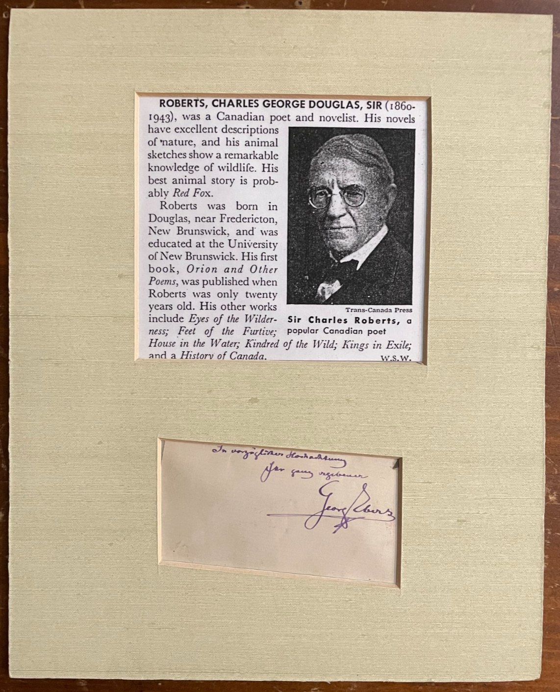 Sir Charles George Douglas Roberts Signed Autograph Matte Cut Vintage Signature