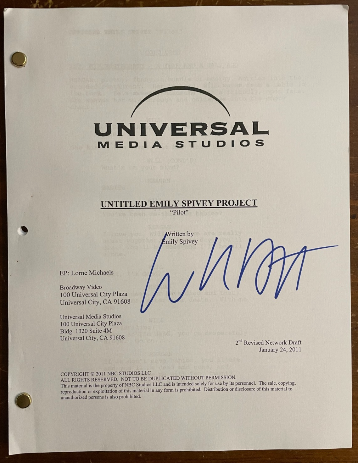 Will Arnett Signed Autograph Signature Untitled Emily Spivey Project Screenplay