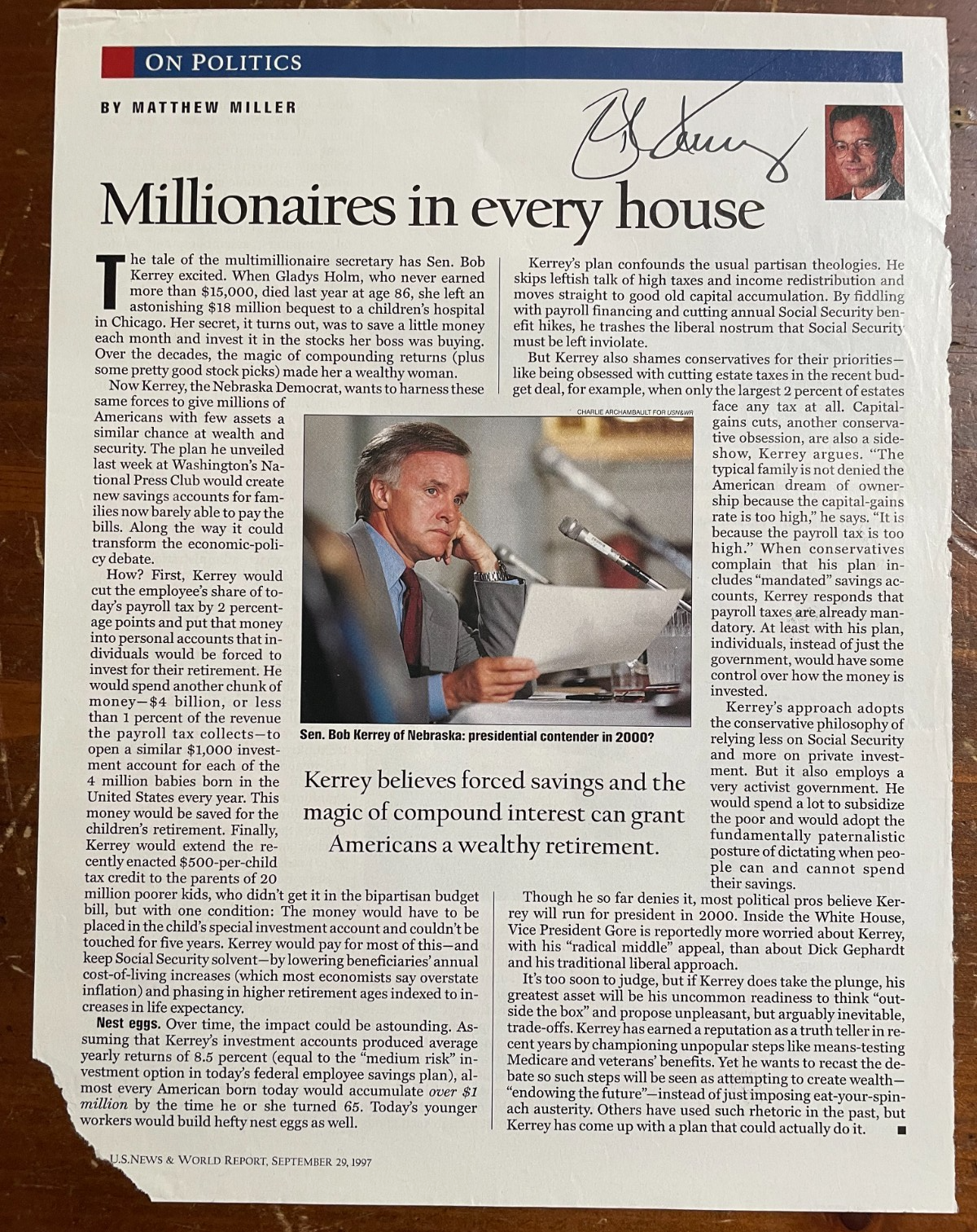 Senator Bob Kerry Signed Autograph Signature 8x10.5 Magazine Article