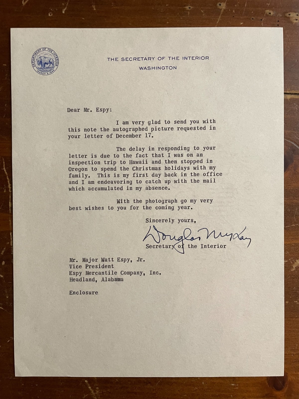 Douglas McKay Signed Autograph Signature Typed Official Letterhead Letter Oregon
