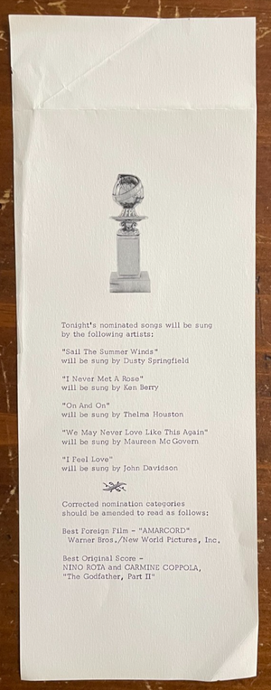 1975 Oscars 47th Academy Awards Program Insert Correction Page RARE Godfather II