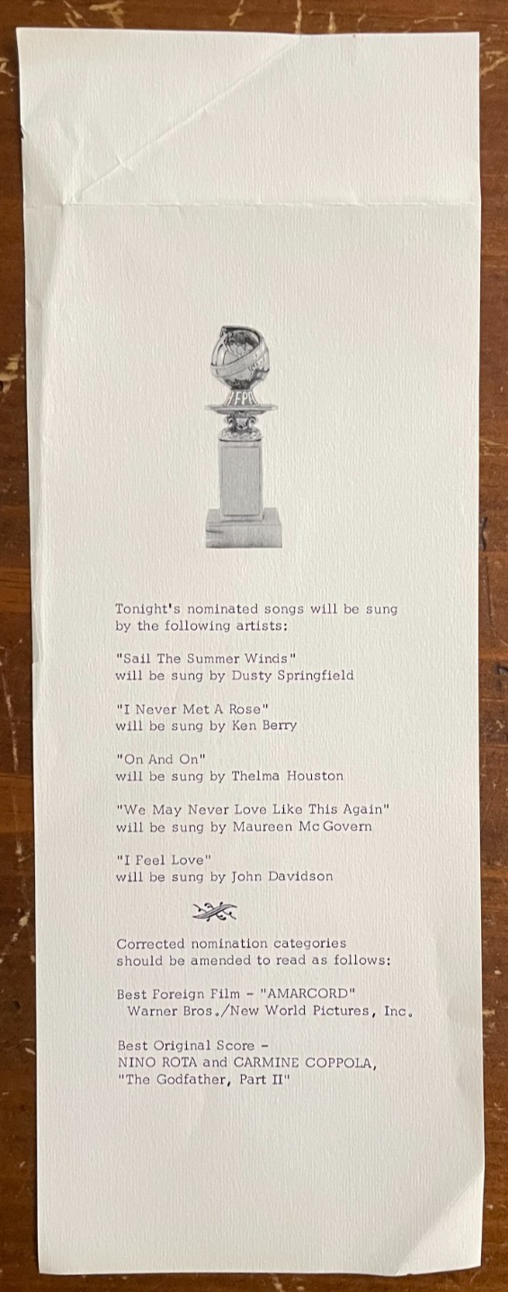 1975 Oscars 47th Academy Awards Program Insert Correction Page RARE Godfather II