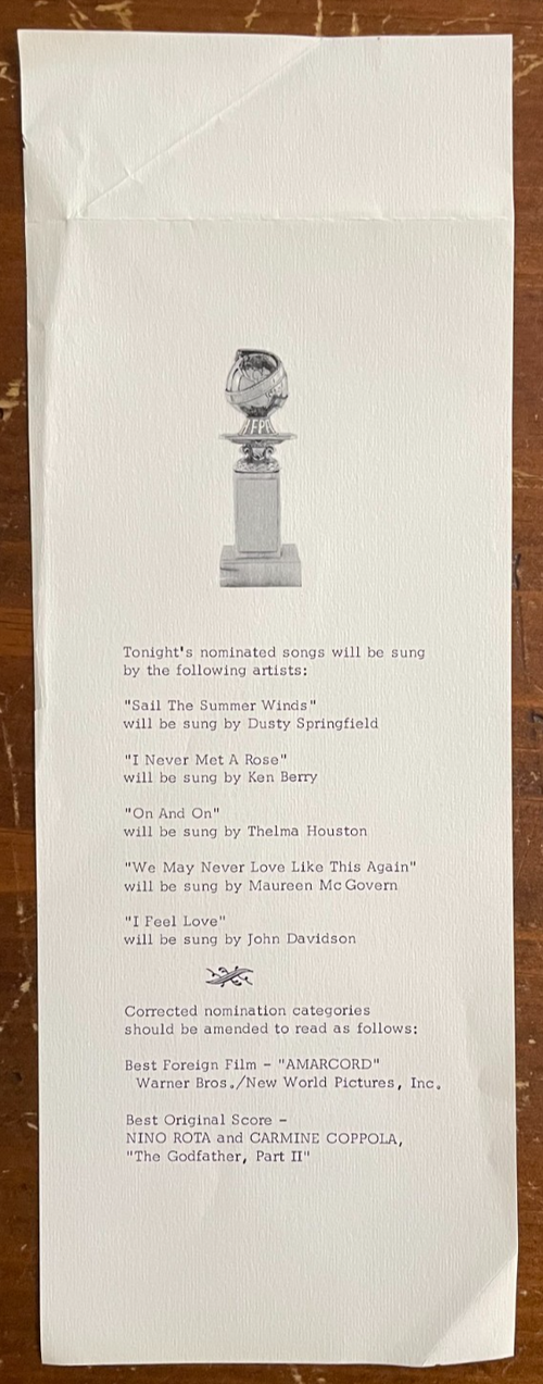 1975 Oscars 47th Academy Awards Program Insert Correction Page RARE Godfather II