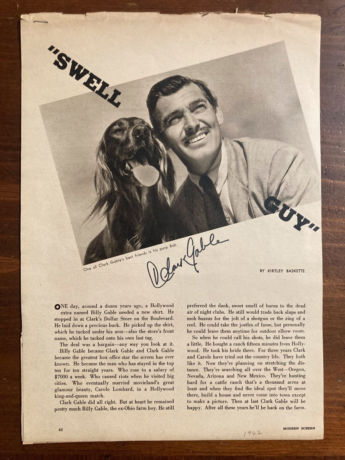 Clark Gable Signed Autograph Swell Guy Magazine story 1942