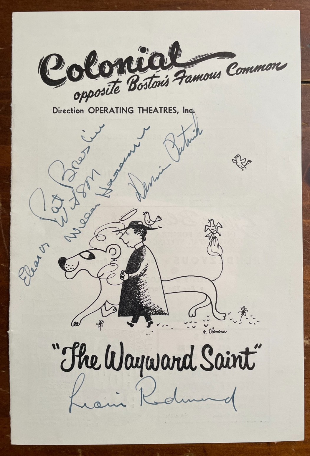 Playbill Page The Wayward Saint Signed by Lian Redmond, Dennis Patrick + 3 more
