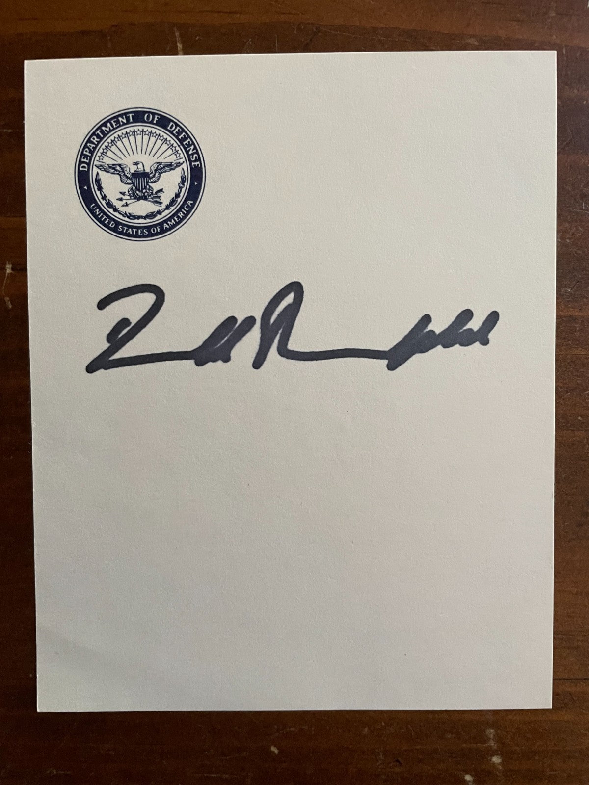 Donald Rumsfeld signed Autograph on official Department of Defense 4x5 Card