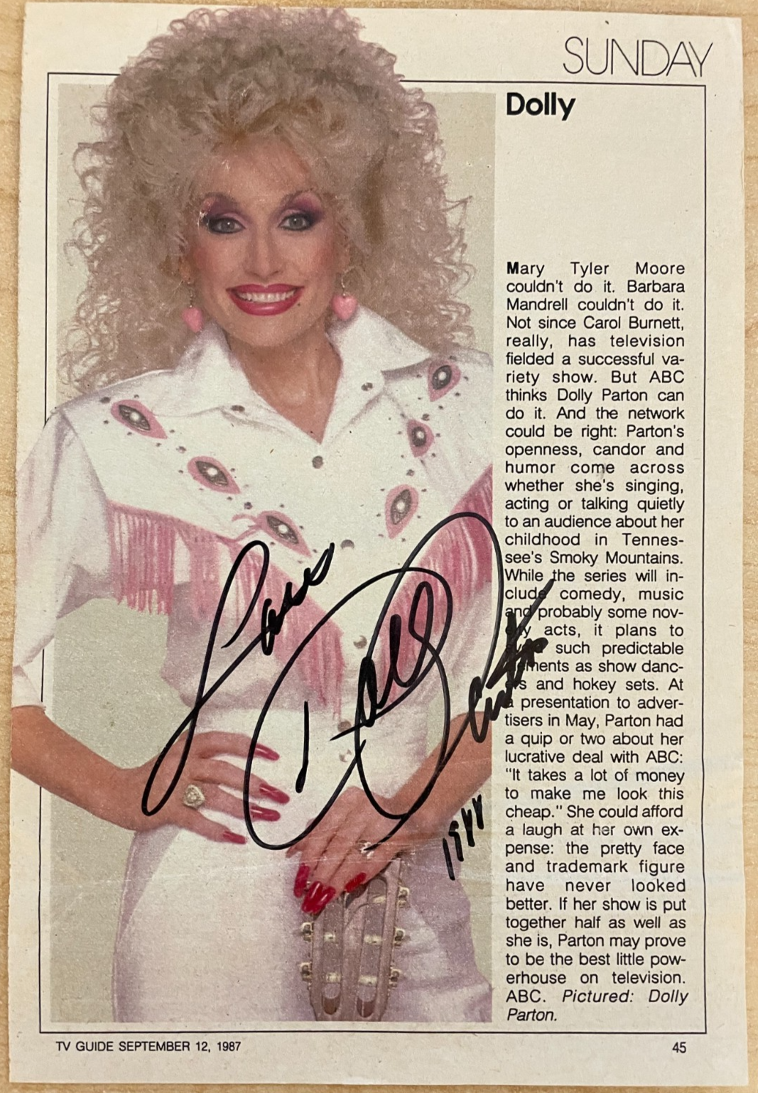 Dolly Parton Signed Autograph 5x7.5 cut TV Guide Page Country Music Hall of Fame