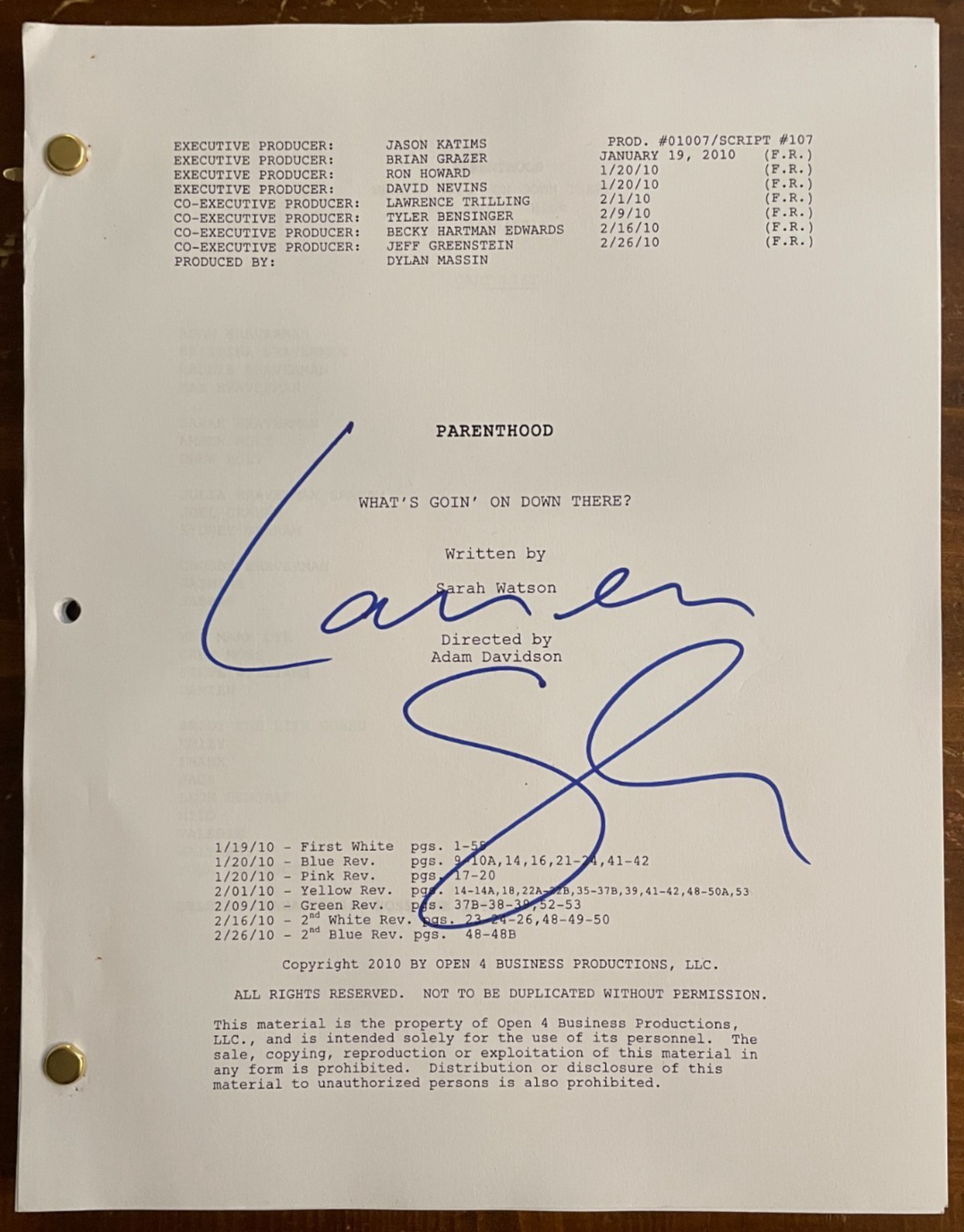 Lauren Graham Signed Autograph Signature Parenthood Original Series Screenplay
