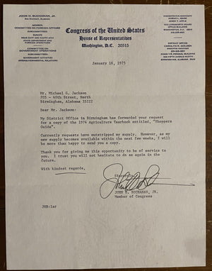 John H. Buchanan Signed Autograph Signature Typed Official Letterhead Congress