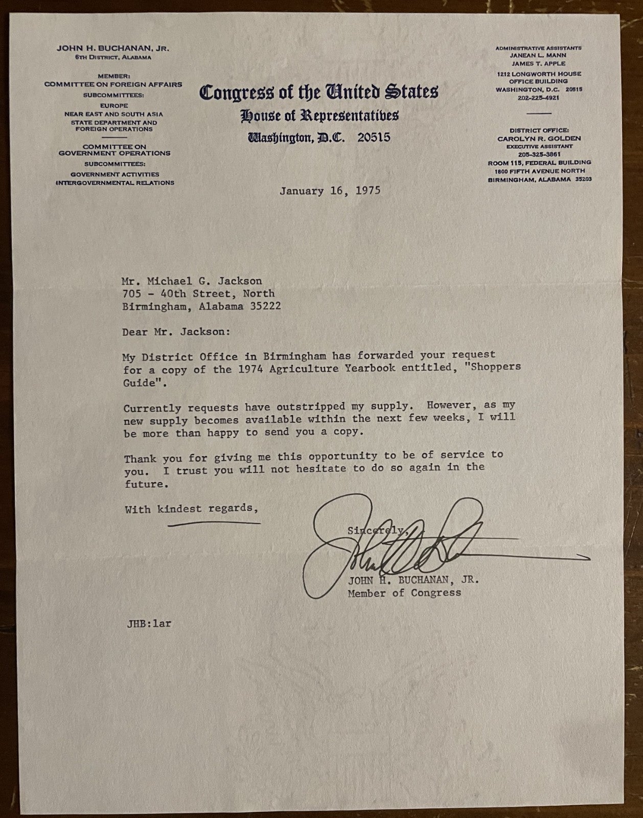 John H. Buchanan Signed Autograph Signature Typed Official Letterhead Congress