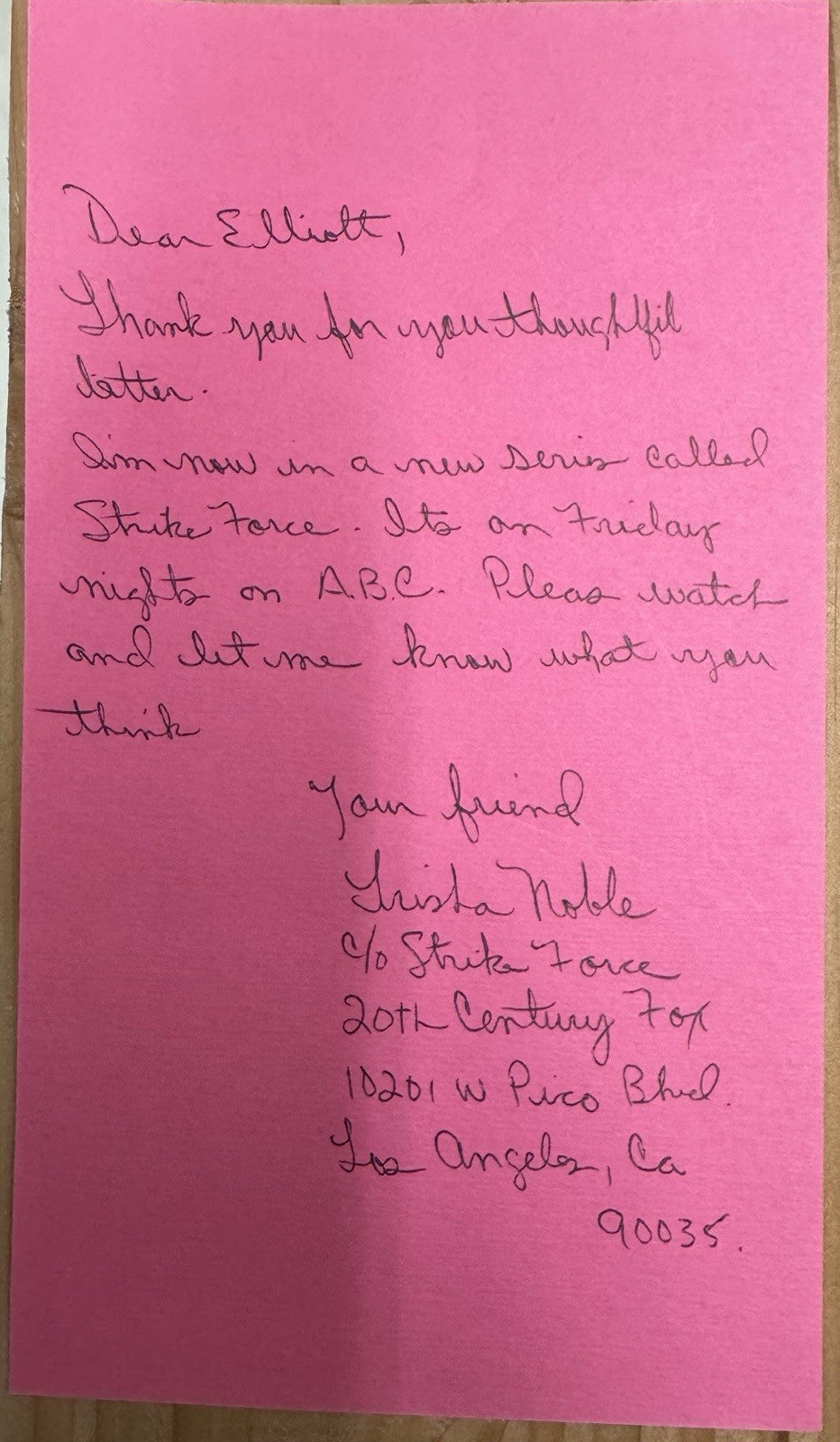 Trisha Noble Handwritten Signed Letter ?trike Force ABC TV Series Content