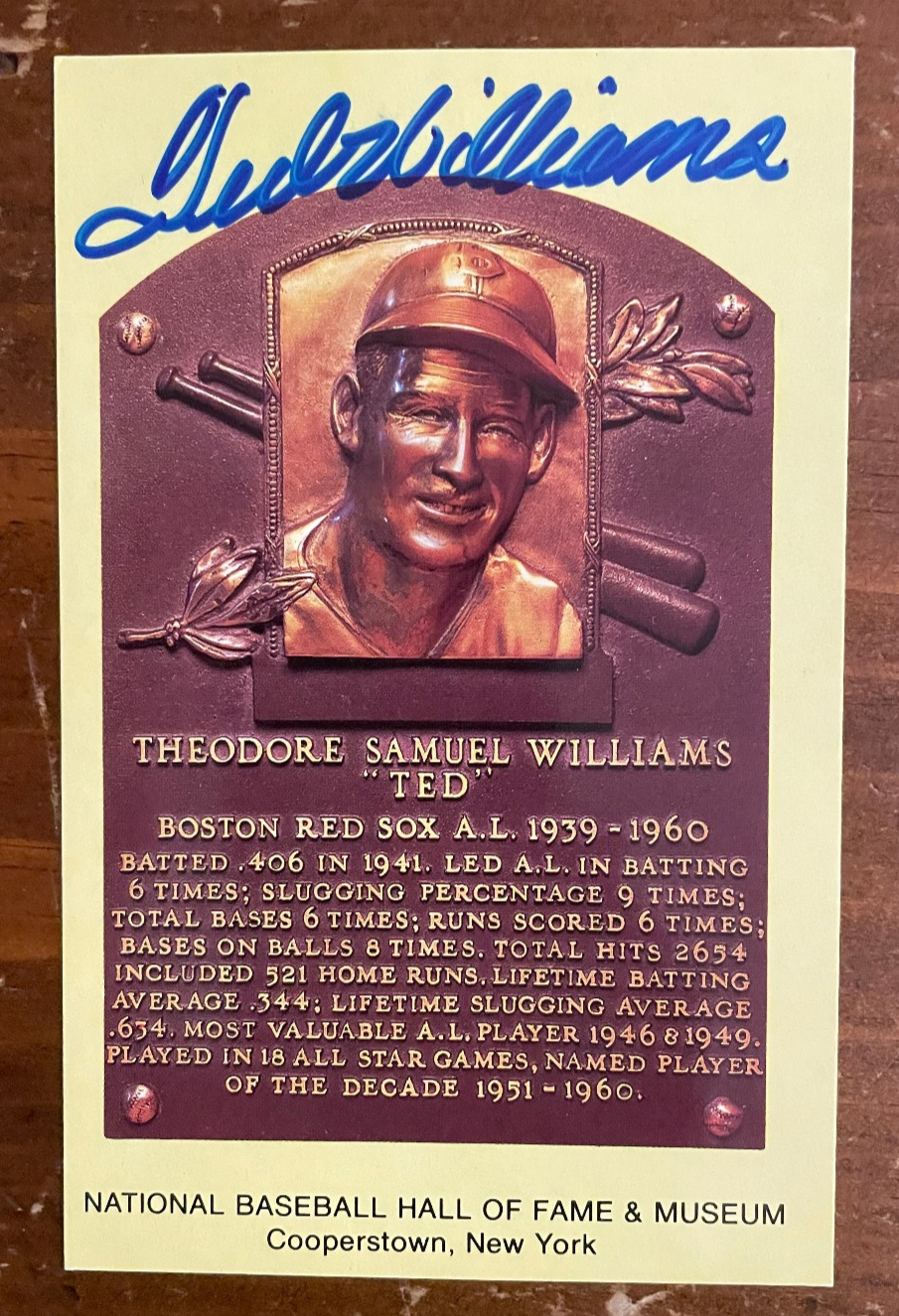 Ted Williams Signed Autograph Signature National Hall of Fame Postcard Original