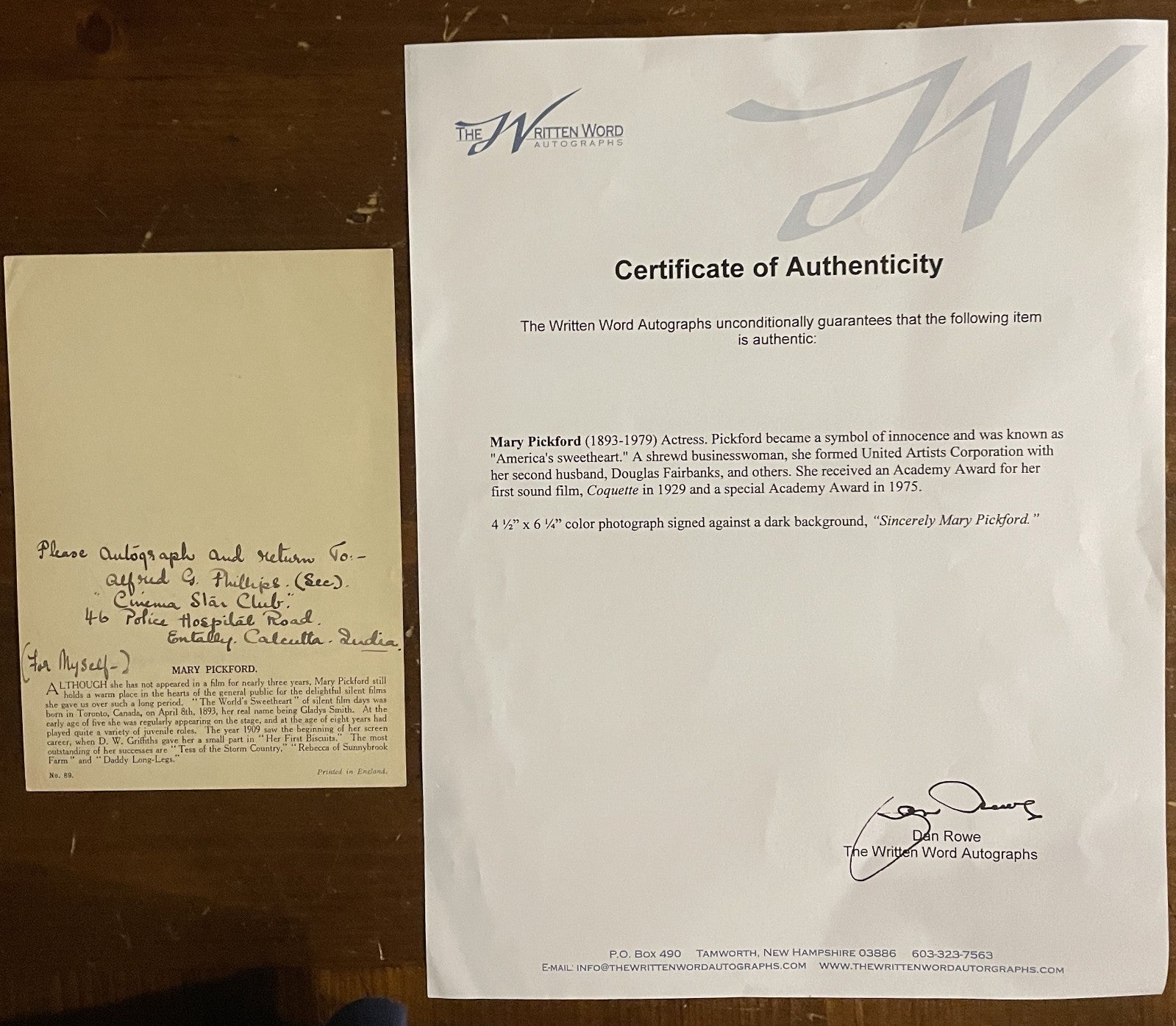 Mary Pickford Signed For Myself in her own handwriting 4.5x6.75 Vintage COA