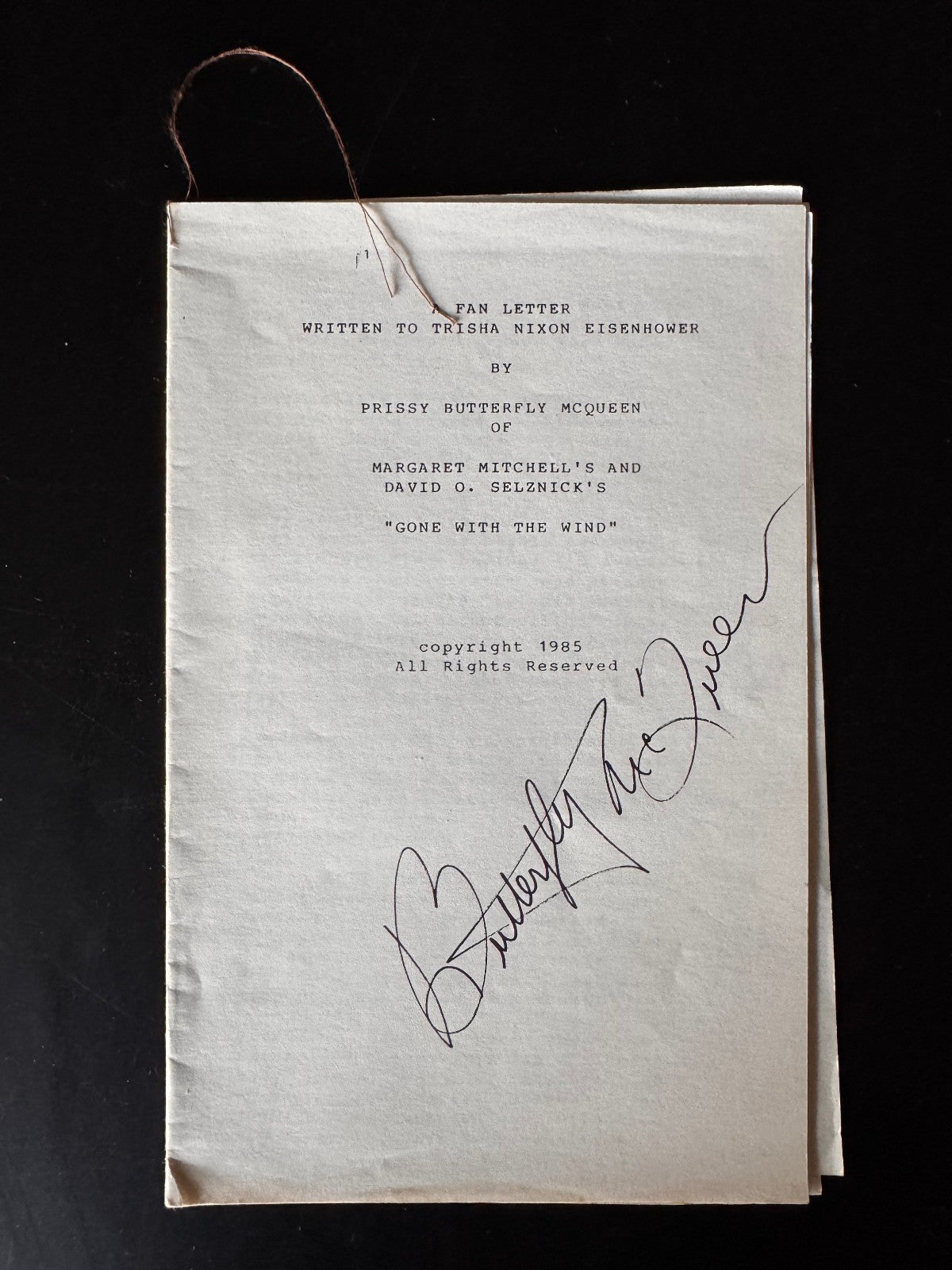 Butterfly McQueen Signed 1985 Booklet to Tricia Nixon Gone With The Wind RARE